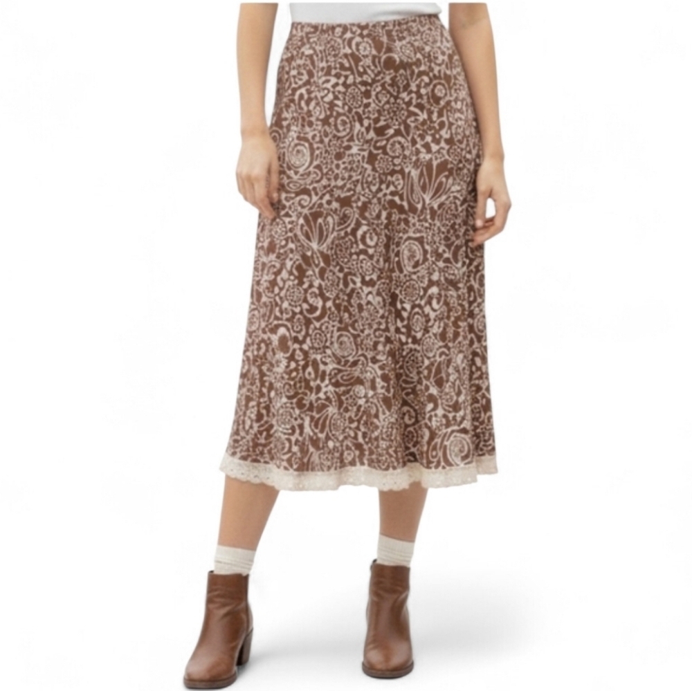 Vintage Nicole Miller Brown Trippy Floral Lace Trim Midi Skirt Size 8